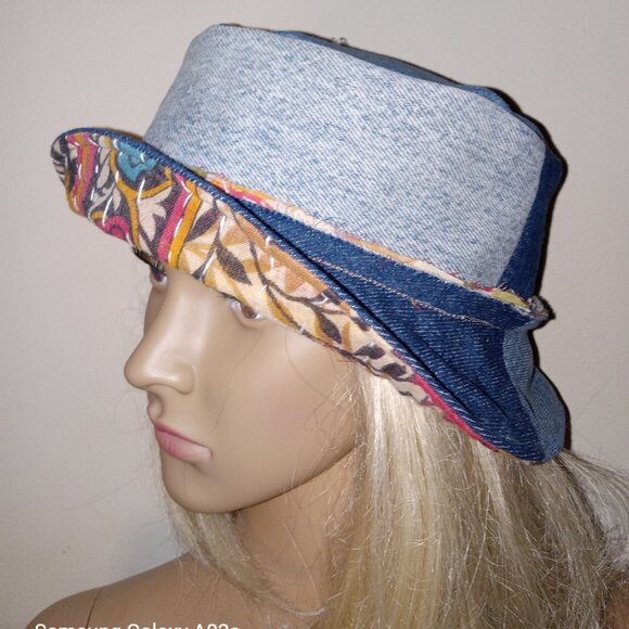 Kantha & Denim Bucket Hat Reversible Green Marigold Red Black Handmade BHAT8. - Picture 5 of 8